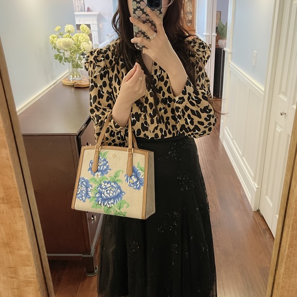 Tory Burch Emerson Ditsy Floral Structured Natural Canvas Leather Trim Satchel - Picture 5 of 7